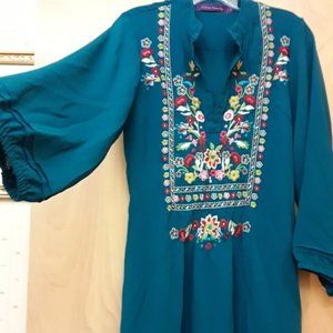 Blue Turquoise Teal Boho Embroidered Tunic Top